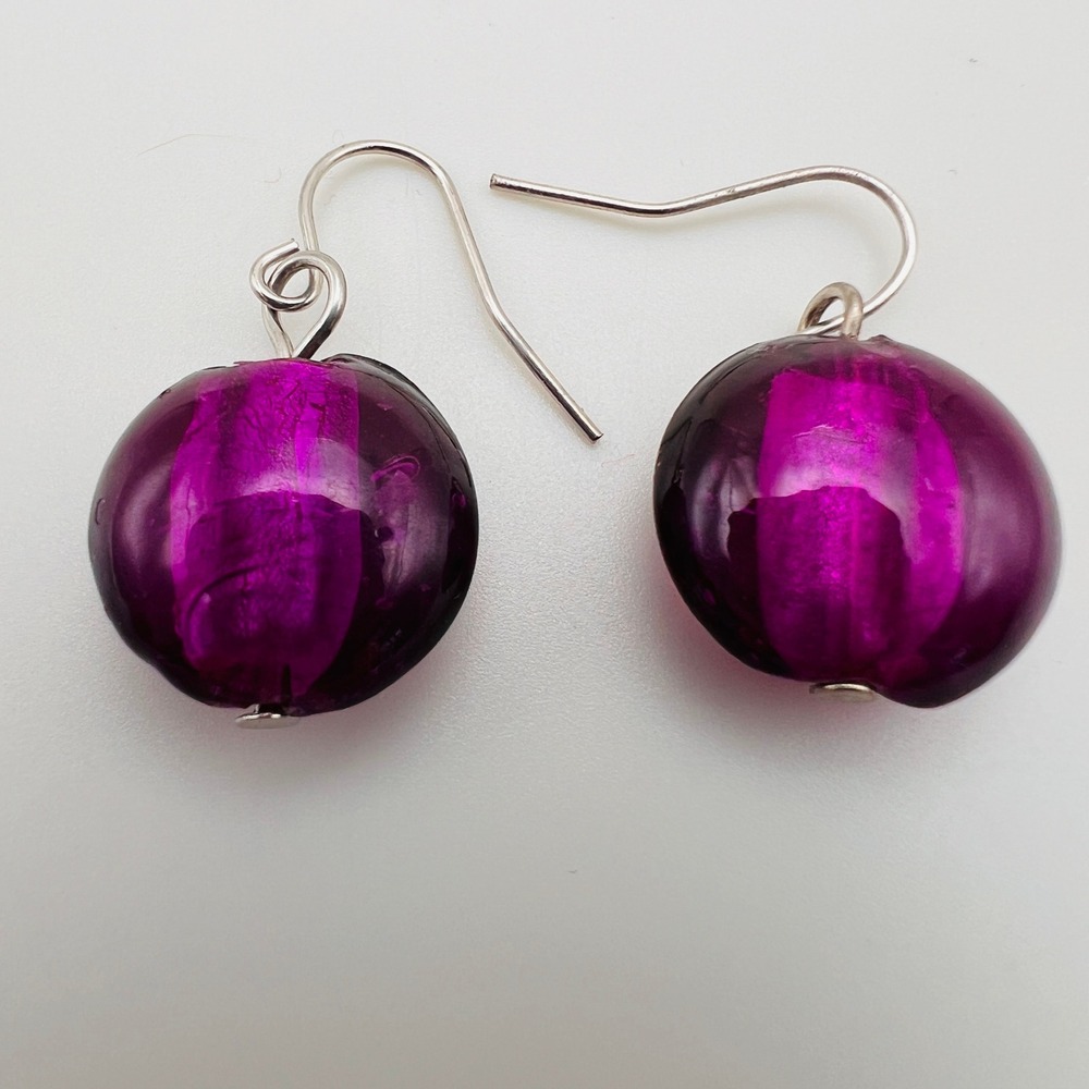 Purple Glass Bead Dangle Earrings Silver Tone Wire Hook Artisan Style Jewel Tone